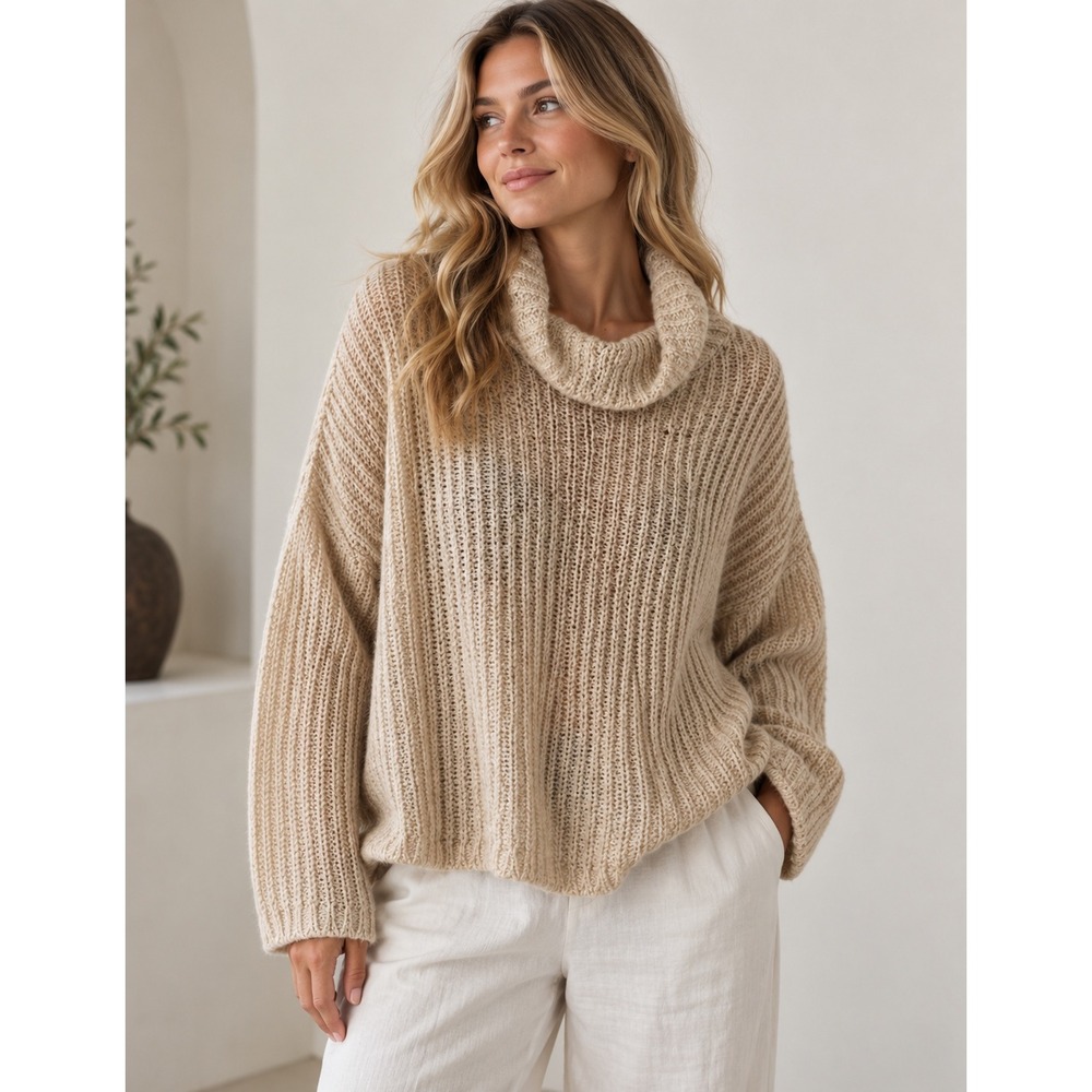 Eileen Fisher Mohair Wool Blend Turtleneck Swetaer Beige Chunky READ Womens Med